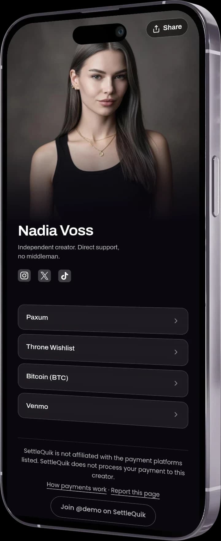 A SettleQuik payment page on a phone: Nadia Voss, an independent creator, listing Paxum, Throne Wishlist, Bitcoin, and Venmo as ways to pay