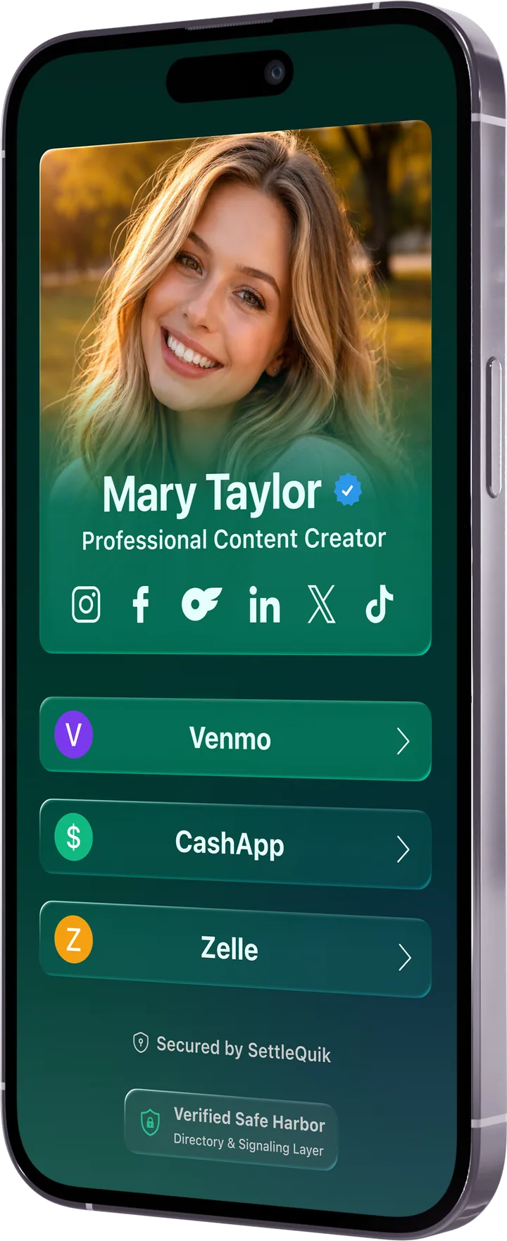 SettleQuik mobile payment link page showing creator payment options