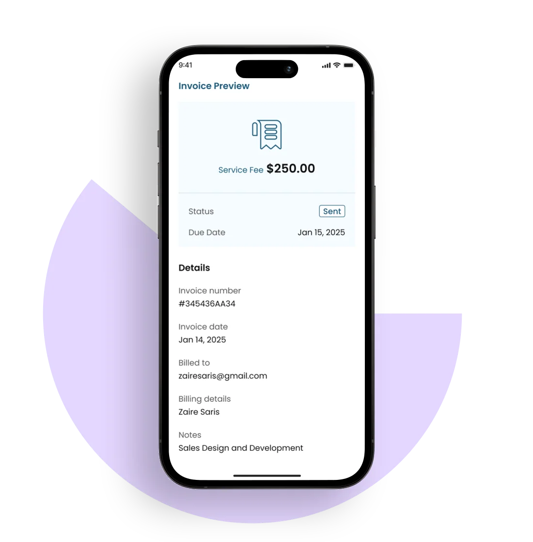 SettleQuik smart invoicing interface with a branded invoice preview